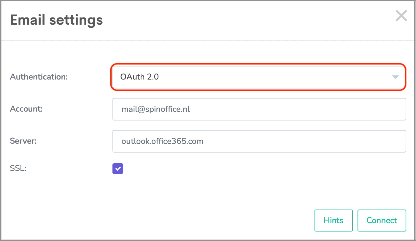 Email settings in SpinOffice